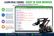 Load image into Gallery viewer, Online coding learning platform with a robot arm and code editor on a computer screen.