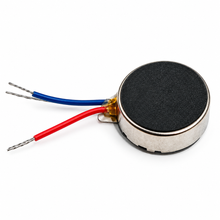Load image into Gallery viewer, A round metal electronic component with a black textured top surface, featuring two wires—one blue and one red—with exposed silver leads, shown on a white background.
